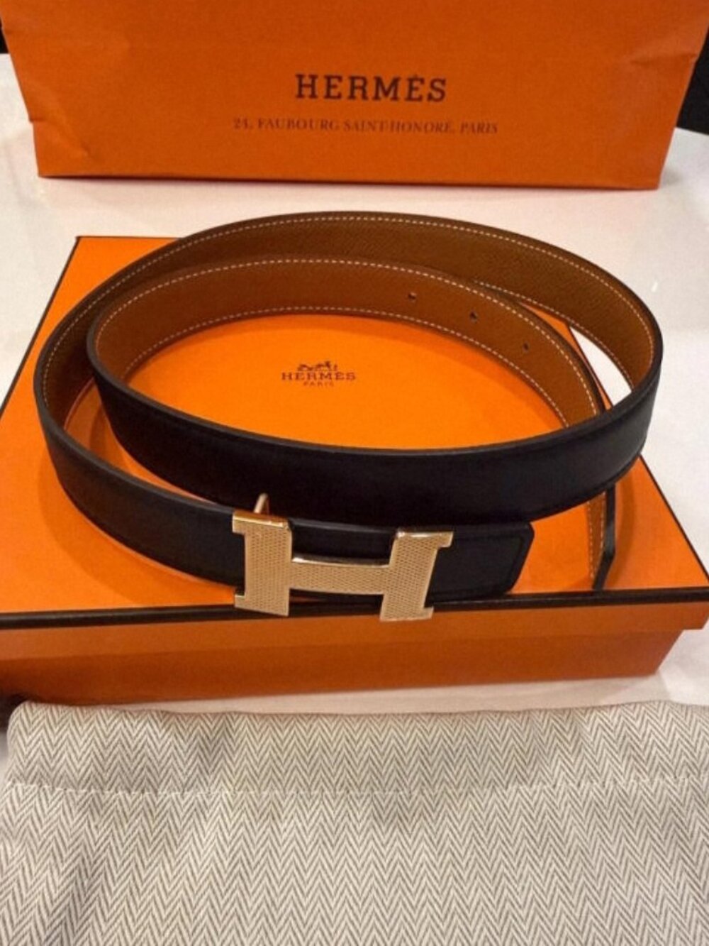 Hermès Black H Belt – 90cm, Gold Buckle with Original Box